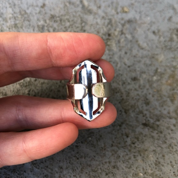 Silver Elongated Hexagon Ring with Peach Stone - Picture 12 of 15